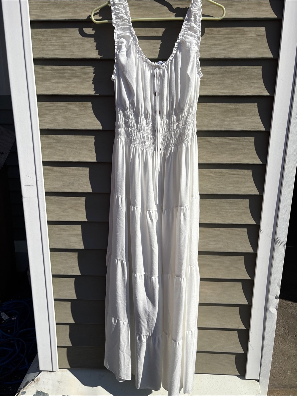 Ost White Button-Front Smocked Tiered Maxi Dress